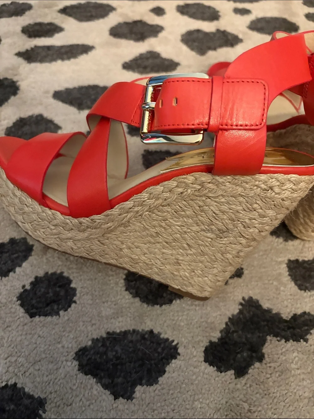 Michael Kors Bright Red Leather Espadrille Wedge Sandals